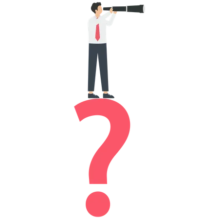 Businessman holds a telescope stand on a big question mark symbol  Illustration