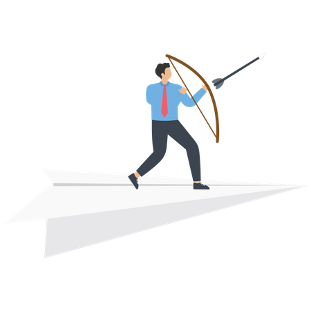 Businessman holds an archer stand on a paper airplane  Illustration