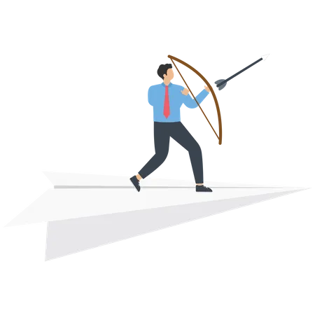 Businessman holds an archer stand on a paper airplane  Illustration
