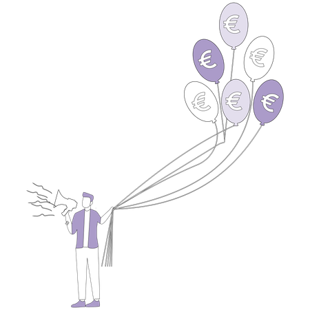 Businessman holds balloons stand with euro  Illustration