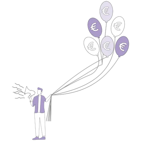 Businessman holds balloons stand with euro  Illustration