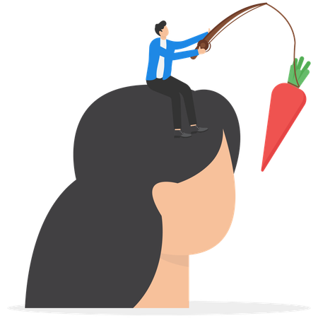 Businessman holds carrots on stick  Illustration