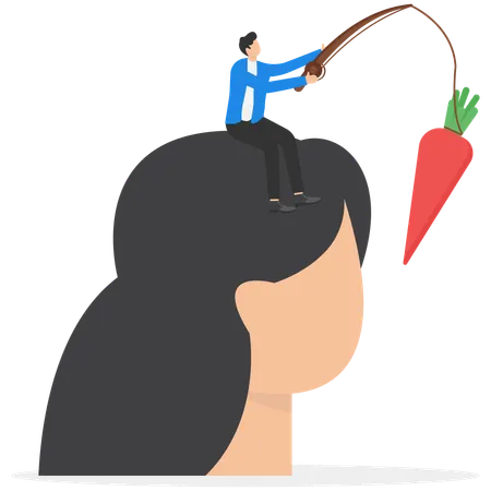 Businessman holds carrots on stick  Illustration