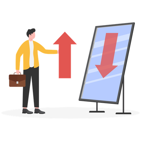 Businessman holds mirror under falling arrow and shows rising red arrow reflection,  Illustration