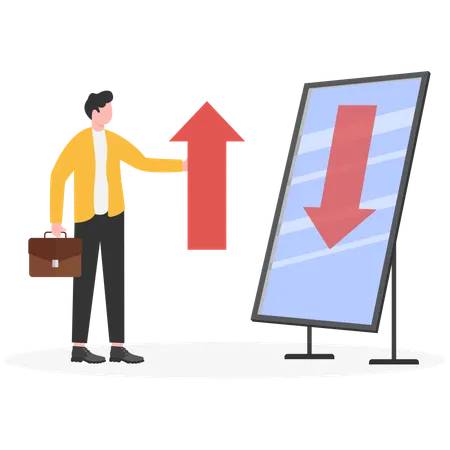 Businessman holds mirror under falling arrow and shows rising red arrow reflection,  Illustration