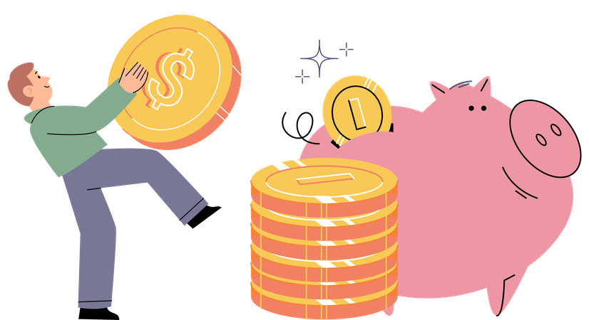 Businessman holds piggy bank collects dollar coins for good financial investment  Illustration