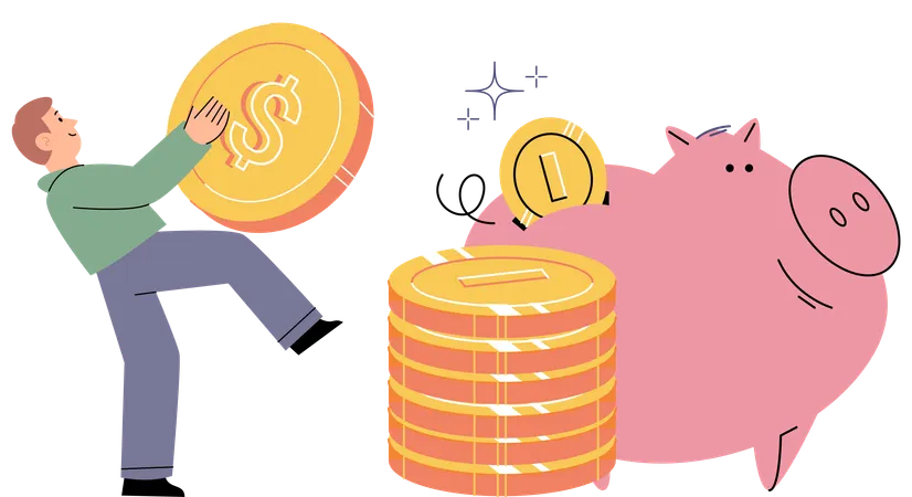 Businessman holds piggy bank collects dollar coins for good financial investment  Illustration