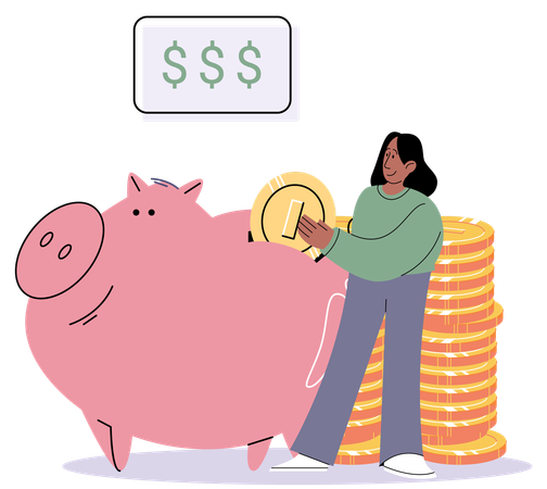 Businessman holds piggy bank collects dollar coins for good financial investment  Illustration