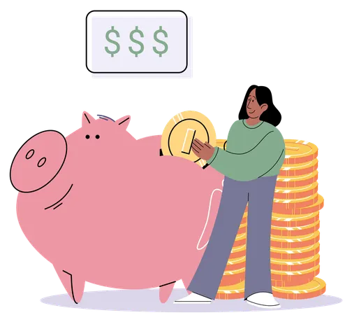 Businessman holds piggy bank collects dollar coins for good financial investment  Illustration