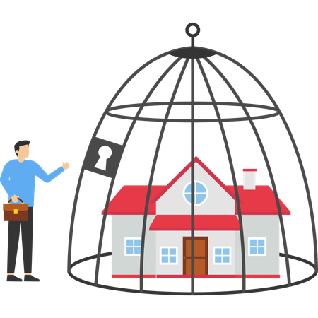 Businessman home mortgaged by bank  Illustration