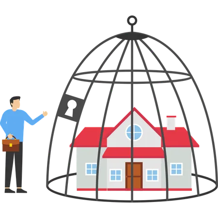 Businessman home mortgaged by bank  Illustration