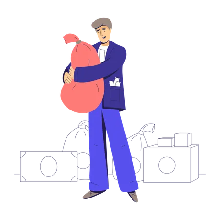 Businessman hugging  big bag of money  Illustration