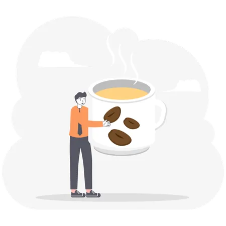 Businessman Hugs Big Coffee Mug Illustration Vector Cartoon Illustration