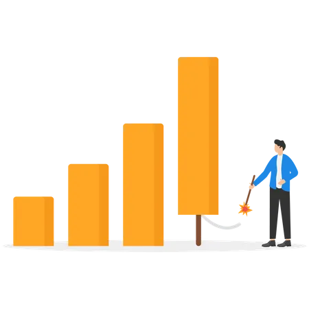 Businessman ignite firework rocket bar graph to increase company growth  Illustration
