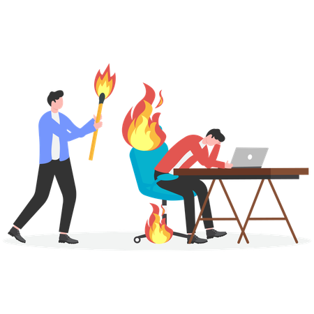 Businessman igniting fire beneath his employee chair  Illustration