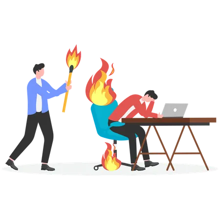 Businessman igniting fire beneath his employee chair  Illustration