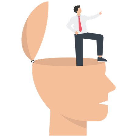 Businessman in big human head shows the direction  Illustration