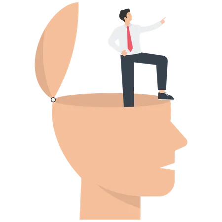 Businessman in big human head shows the direction  Illustration