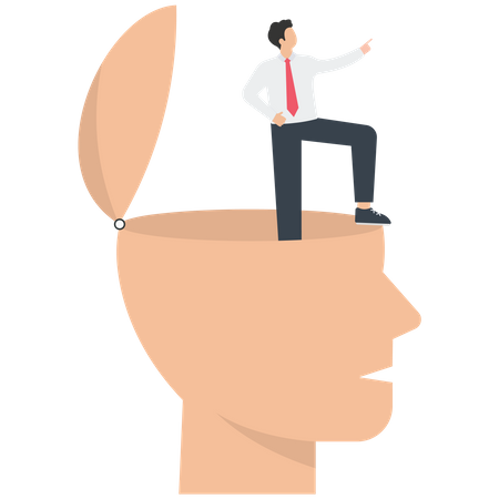 Businessman in big human head shows the direction  Illustration