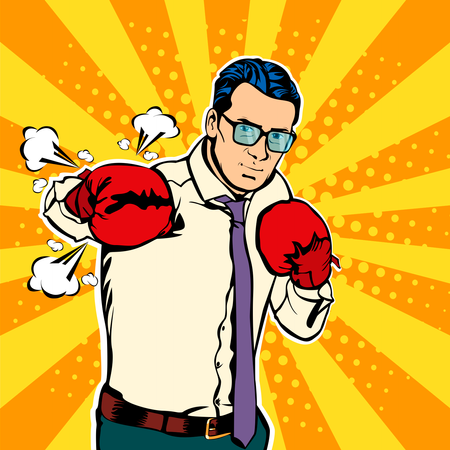 Businessman in boxing gloves vector illustration in comic pop art style Illustration