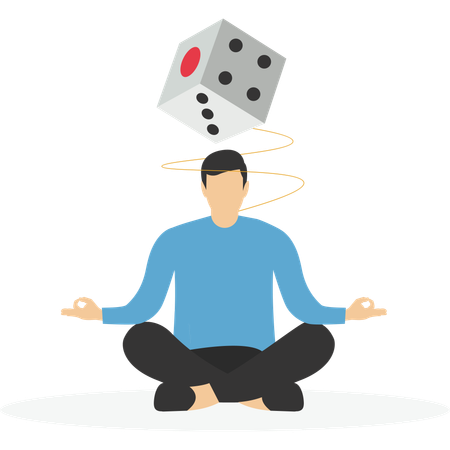 Businessman in business suit sitting on large red game dice  Illustration