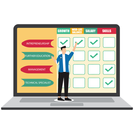 Businessman in career decision-making session evaluating different paths with visual decision matrix  Illustration