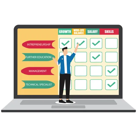 Businessman in career decision-making session evaluating different paths with visual decision matrix  Illustration