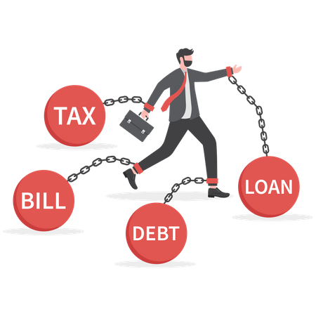 Businessman in chains of heavy debt financial obligations  Illustration