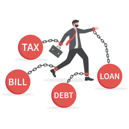 Businessman in chains of heavy debt financial obligations  Illustration