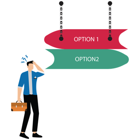 Businessman in doubt having to choose between different choices indicated by path pointing in opposite direction  Illustration