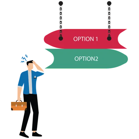 Businessman in doubt having to choose between different choices indicated by path pointing in opposite direction  Illustration