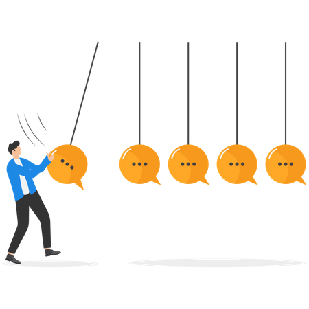 Businessman in front of Newtons cradle with a chat bubble  Illustration