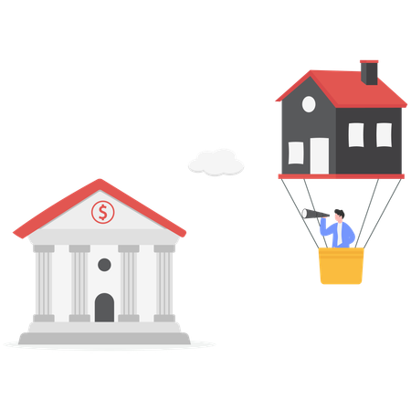 Businessman in hot air balloon to find using telescope for property loan from bank  Illustration