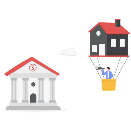 Businessman in hot air balloon to find using telescope for property loan from bank  Illustration