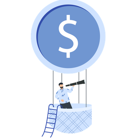 Businessman in Hot Air Balloon with Dollar Sign Looking Through Telescope  Illustration