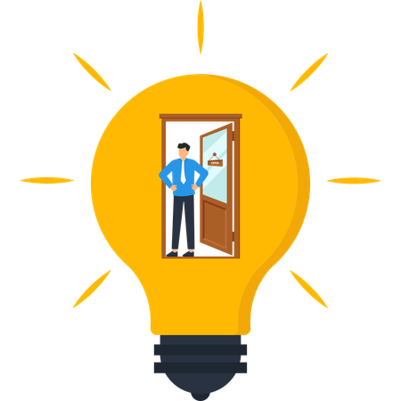 Businessman in Lightbulb Doorway Open for Business Innovation  Illustration