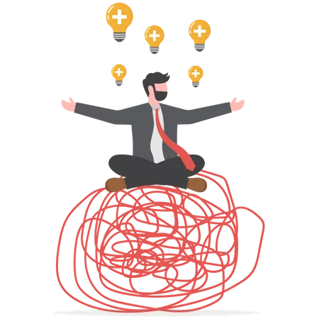 Control Emotion Management Concept Businessman In Lotus Meditation On Chaos Mess Line With Positive Energy Under Stress Anxiety Frustration Work Vector Illustrator Illustration