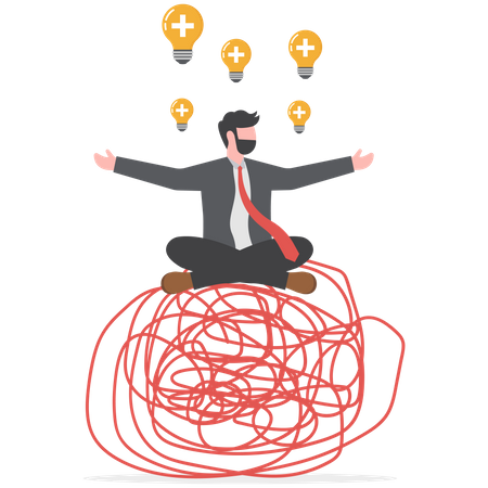 Businessman in lotus meditation on chaos mess line with positive energy  Illustration