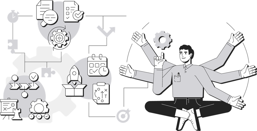 Businessman in meditative pose with multiple arms  Illustration