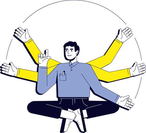 Businessman in meditative pose with multiple arms  Illustration
