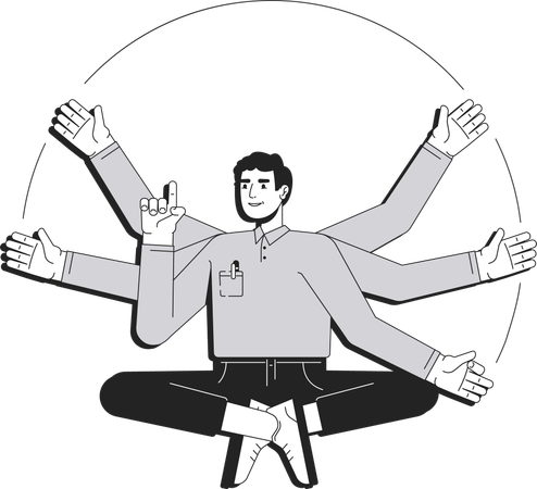 Businessman in meditative pose with multiple arms  Illustration