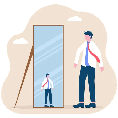 Businessman in mirror has become small  Illustration