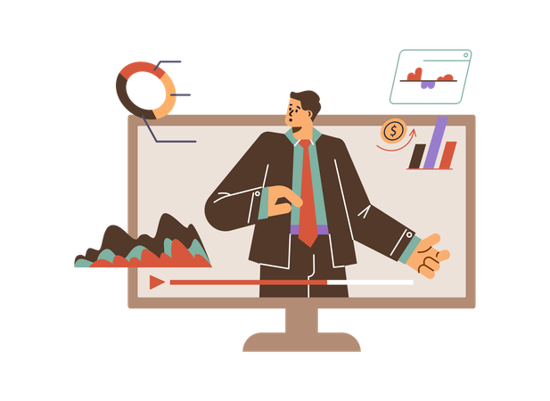 Businessman in monitor presenting and explaining statistics chart  Illustration