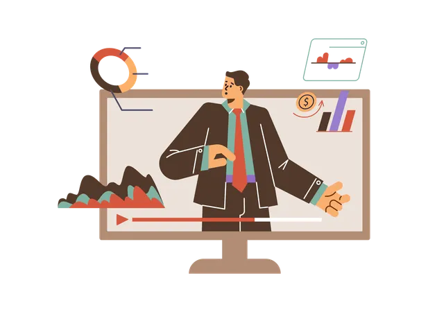 Businessman in monitor presenting and explaining statistics chart  Illustration