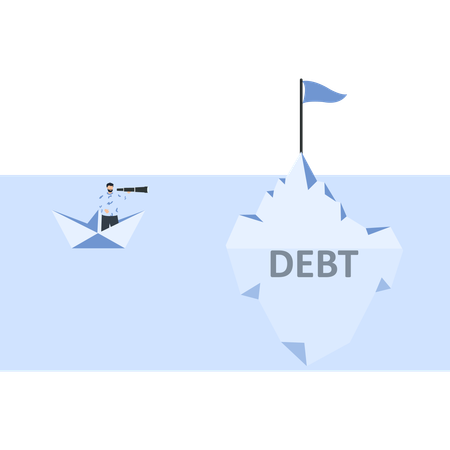 Businessman in Paper Boat Looking at Iceberg with Debt  Illustration