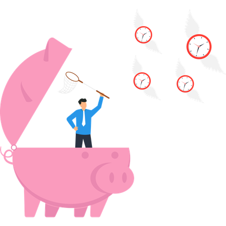 Businessman in piggy bank catching flying clocks with a net as a time management and investment  Illustration