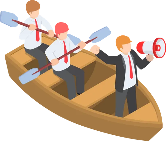 Flat 3 D Isometric Businessman In Rowing Team With Leader Command And Control Through A Megaphone Leadership And Teamwork Concept Illustration