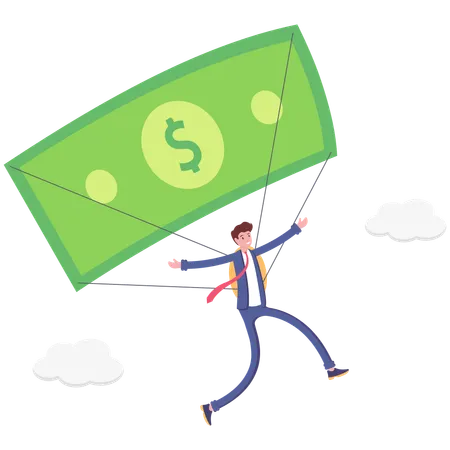 Businessman in sky with money bills parachute  Illustration