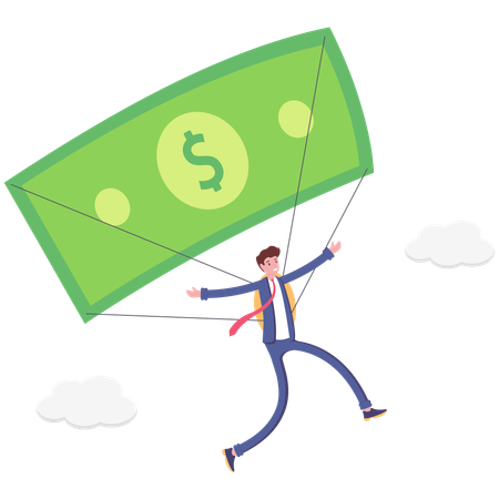 Businessman in sky with money bills parachute  Illustration