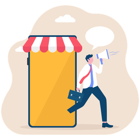 Businessman in smartphone screen with online store talking in megaphone  Illustration